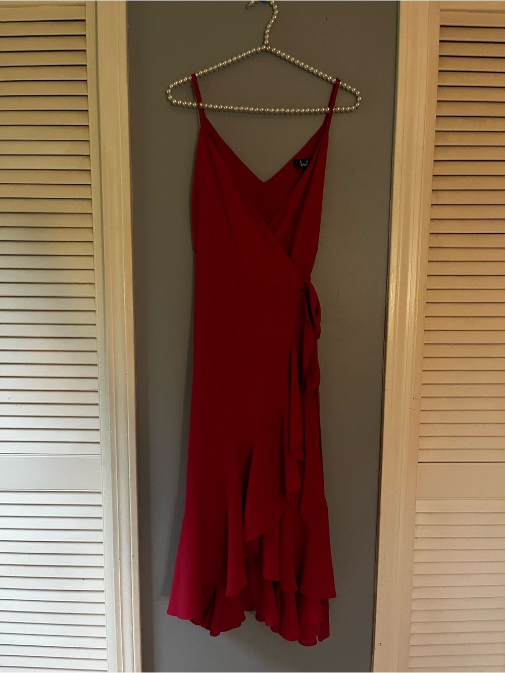 Lulu's Red Wrap Midi Dress with Ruffle Hem